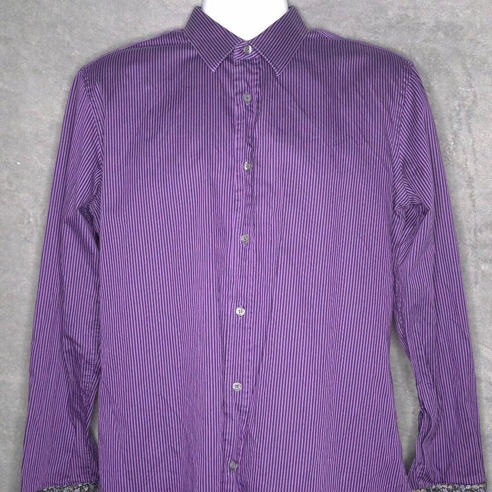 Paul Smith Mens Slim Fit Purple Striped Button-Up Shirt 16.5 Floral Cuffs Italy